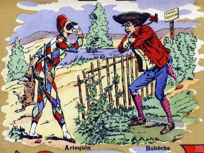 ハーレクインとボベチェ 。イラスト入りのアルファベット。20世紀初頭にジャービル・ナンシーで再会したイメジェリー。寸法：40 x 29 cm。ビストル地にリトグラフ 作： William M. Timlin