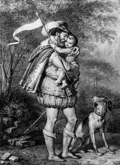 息子のアンリ4世を抱くアンリ・ダルブレ 1850年頃（リトグラフ） 作： Unbekannter Künstler