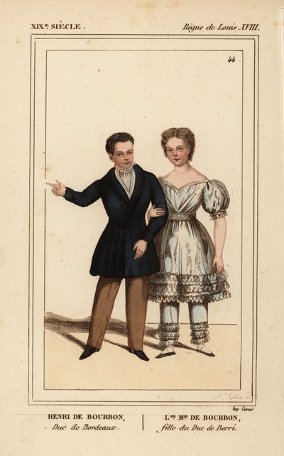 シャンボール伯アンリ、ボルドー公1820-1883年、ベリー公の娘ルイーズ・マリー・テレーズ・オブ・アルトワ1819-1870年。カロン夫人による手彩色リトグラフ、『Le Bibliophile Jacob』、別名ポール・ラクロワの『Costumes Historique de la France』より。 作： Unbekannter Künstler