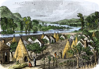 先住民の歴史：ニューヨーク州モホーク村、1780年頃。19世紀のカラフルなエングレーヴィング。 作： Unbekannter Künstler