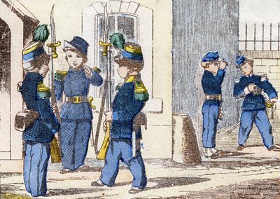 徒歩で移動するハンターたち。Alphabet militaire enfantin "に掲載された版画。1890年頃のポン・ア・ムソンをイメージしています。20ページ。寸法：28.5x21cm 作： Unbekannt
