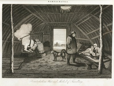 カムチャッカ（ロシア極東半島）の小屋と運搬用のソリ（1810年頃 作： Unbekannt
