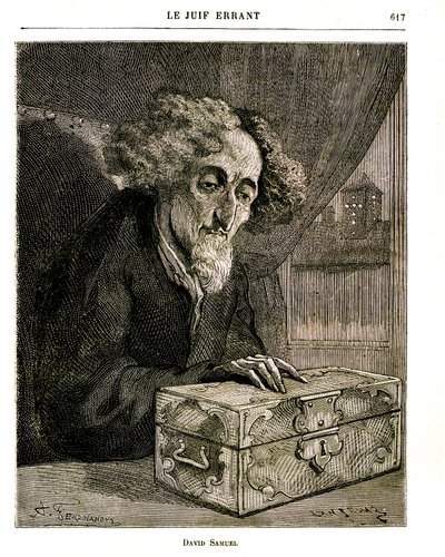 ユージン・スーの小説「さまよえるユダヤ人」の挿絵。1883年のジュール・ルーフ版に掲載されたフェルディナンドゥスのエングレーヴィング。デ・レンポン家の財産の後見人であるデビッド・サミュエルは、有価証券、株式、手形などが入ったカセット（箱）を持っている。 作： Unbekannt