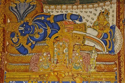 インド、タミル・ナードゥ州、スリランガム、スリ・ランガナタスヴァミ・ヒンドゥー寺院（起源は10世紀）、ヴィシュヌの壁画。 作： Unbekannt