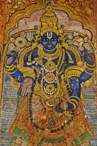 インド、タミル・ナードゥ州、スリランガム、スリ・ランガナタスヴァミ・ヒンドゥー寺院（起源は10世紀）、ヴィシュヌの壁画。 作： Unbekannt