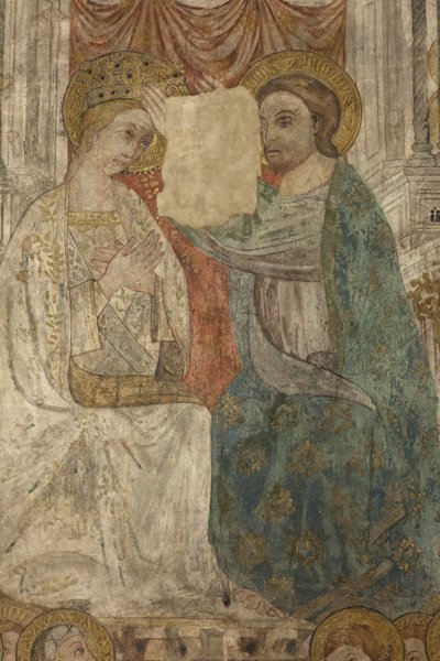 インテリア。北側の交差点。祭壇（Altar de las pinturas murales）。主礼拝堂のオリジナル。壁画（フレスコ画？）。詳細。14世紀末。 作： Unbekannt