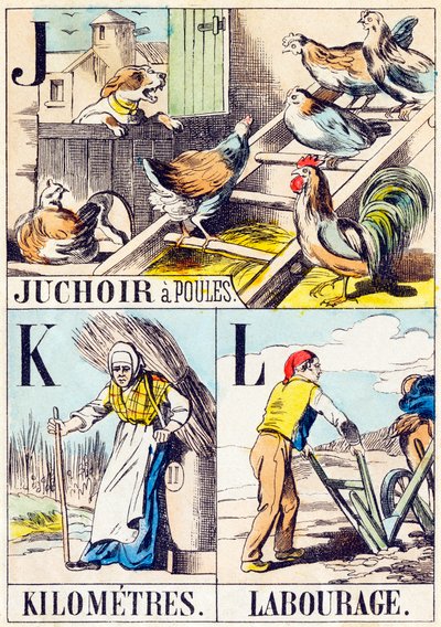 J K L : Juchoir a poules, Kilometres, Labourage - 19世紀末の「農場のアルファベット」(彫刻) 作： Unbekannt