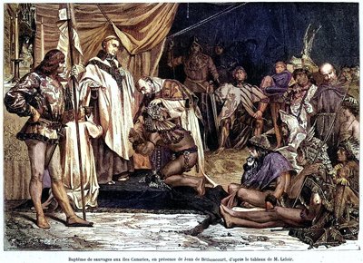 ジャン・ド・ベタンクール、ノルマン紳士、バロン・ド・サン・マルタン・ル・ガイヤールは、1405 年 1 月にカナリア諸島を征服し、キリスト教化した、雑誌「Sur terre et sur mer」n°28、1 月 8 日より 作： Unbekannter Künstler