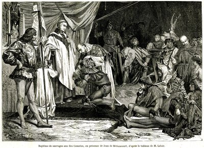 ジャン・ド・ベタンクール、ノルマン紳士、バロン・ド・サン・マルタン・ル・ガイヤールは、1405 年 1 月にカナリア諸島を征服し、キリスト教化した、雑誌「Sur terre et sur mer」n°28、1 月 8 日より 作： Unbekannter Künstler