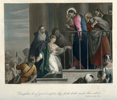 イエスは血の問題を抱えた女性を癒された - 聖書, 新約聖書 作： Unbekannter Künstler