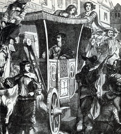 1642年1月4日、5人の国会議員ジョン・ピム、ジョン・ハムデン、デンジル・ホレス、ウィリアム・ストロード、アーサー・ハゼルリグの逮捕に失敗し、群衆に囲まれるチャールズ1世。19世紀（『世界の歴史』からのエングレーヴィング） 作： Unbekannter Künstler