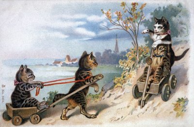 そりに乗った子猫、20世紀初頭（絵葉書） 作： Unbekannter Künstler