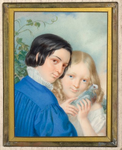 鳩を持った男の子と女の子 作： Unbekannter Künstler