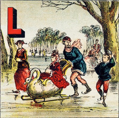L：Lake。湖とは、陸地に囲まれた広い水域のことです。Le Lac de Geneve est un admirable - Alphabet geographiqueから引用したエングレーヴィング。Guerin-Muller et Cie, editeurs, Paris. 作： Unbekannt