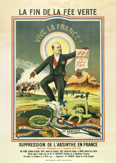 1915年、フランスでアブサンが禁止された際のリトグラフ「グリーンフィーの終わり 作： Unbekannt