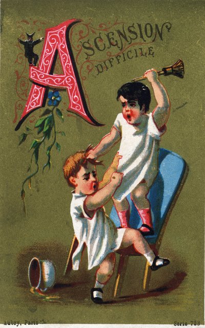 文字A：困難な上り坂。Alphabet des grotesques"(グロテスクのアルファベット)に掲載された版画。ドール地に25枚の広告用クロモリトグラフのシリーズ、19世紀後半。寸法：11x7cm 作： Unbekannt