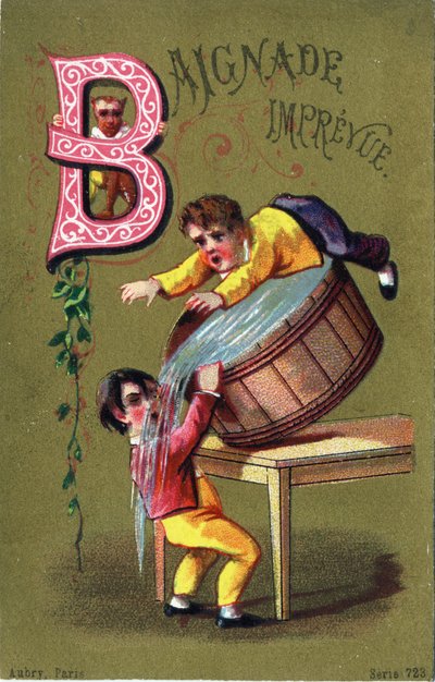 手紙B：無礼講の入浴。Alphabet des grotesques"(グロテスクのアルファベット)に掲載された版画。ドール地に25枚の広告用クロモリトグラフのシリーズ、19世紀後半。寸法：11x7cm 作： Unbekannt