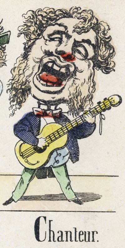 Letter C: singer.イースタン・テイルのアルファベット。1890年頃のエピナルのイメージング。人気シリーズ。8ページの小冊子。ディム：205x150mm。メチエをテーマにしたステンシル入り木版画 作： Unbekannt
