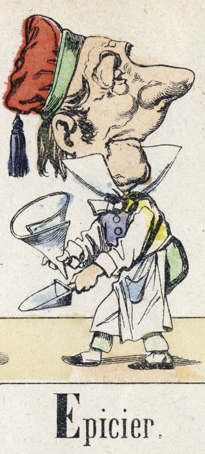 Letter E: Grocer.イースタン・テイルのアルファベット。1890年頃のエピナルの映像。人気シリーズ。8ページの小冊子。ディム：205x150mm。メチエをテーマにしたステンシル入り木版画 作： Unbekannt