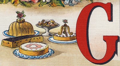 Letter G: cakes.Alphabet de ma petite fille "のエングレーヴィング。Bernardin-Bechet and Fils, bookseller-publishers, Paris, around 1895.キャンバス地にアンブレイカブル・アルバム。Bibliotheque des Bebes.12ページ。読書法とイラスト入りのアベセダーが入ったアルバム 作： Unbekannt
