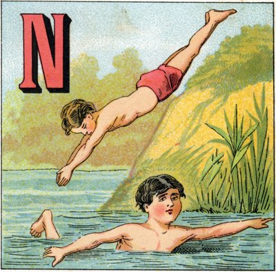 水泳のNの文字。Alphabet des petits ecoliers "に掲載された彫刻。エピナルの映像、1885年頃。プリヴェ・コレクション 作： Unbekannt