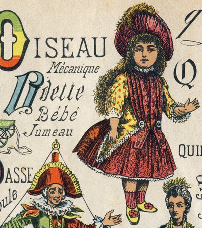 レターO .ABCトイ」に掲載された彫刻。1890年頃、クロモリトグラフィーによるエピナル画像化。8ページの小冊子。8ページの小さな冊子。195x135mmの大きさで、4枚目の表紙に広告が入るようになっている。家庭での使用を想定したもので、輝かしいアベコベと小さな読書法を提供している。 作： Unbekannt