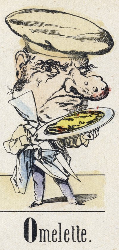 Letter O: Omelette（オムレツ）。イースタン・テイルのアルファベット。1890年頃のエピナルのイメージング。人気シリーズ。8ページの小冊子。ディム：205x150mm。メチエをテーマにしたステンシル入り木版画 作： Unbekannt