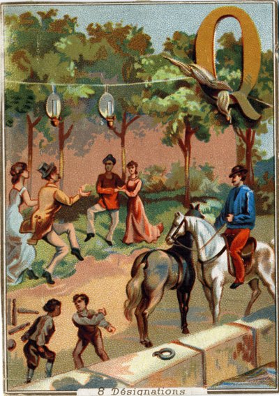 Letter Q: quadrille; quarrel; bowling; cattail; quinquets; four; wharf.アルファベット。各画像には、その表現が演出されている輝かしい言葉の数々があります。1890年頃のパリのリトグラフのクロモリ写真。ディム：10,7x7,5cm . 作： Unbekannt