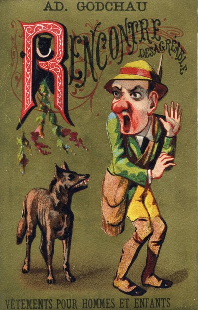 Letter R: 不愉快な会合。Alphabet des grotesques"(グロテスクのアルファベット)に掲載された版画。ドール地に25枚の広告用クロモリトグラフのシリーズ、19世紀後半。寸法：11x7cm 作： Unbekannt