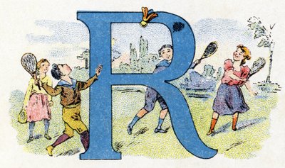 Letter R: Flying Racket.ホスファティンファリエスのアルファベット.エングレービング。薬剤師Pierre Emile FalieresによるBrevete alphabet S.G.D.G. .19世紀末、色版画による挿絵。16ページ。寸法：103x154mm 作： Unbekannt