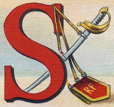 レターS：Sabre。Alphabet de ma petite fille "に掲載された版画。Bernardin-Bechet and Fils, bookseller-publishers, Paris, around 1895.キャンバス地にアンブレイカブル・アルバム。Bibliotheque des Bebes.12ページ。読書法とイラスト入りのアベセダーが入ったアルバム 作： Unbekannt