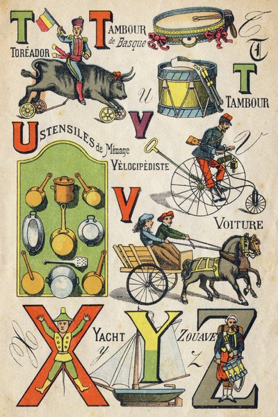 レターT、U、V、X、Y、Z。ABCトイズ」のエングレービング1890年頃、クロモリソグラフィによるエピナルイメージング。8ページの小さなブックレット。8ページの小さな冊子。195x135mmの大きさで、4枚目の表紙には広告が入るようになっています。家庭での使用を想定し、輝かしいアベセダリーと小型のおもちゃを提供しています。 作： Unbekannt