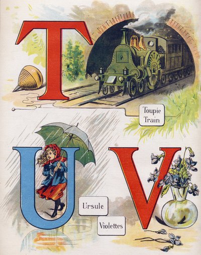 Letter T, U and V: top, train, ursula, violet.ABC L