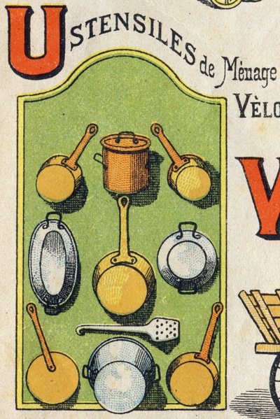 Letter U . ココット、ストーブ、リス、ソースパン...ABCトイ "の刻印。1890年頃、クロモリトグラフによるエピナル画像。8ページの小さなブックレット。大きさは195x135mmで、4枚目の表紙に広告が入るようになっている。家庭での使用を目的としたものであるが、その中には輝かしい実績がある。 作： Unbekannt