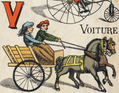 車のVの字。ABCトイズ」の刻印。1890年頃、クロモリソグラフィによるエピナルイメージング。8ページの小冊子。大きさは195x135mmで、4枚目の表紙に広告が入るようになっている。家庭での使用を想定したもので、輝かしいアベコベと小さな読書の場を提供する。 作： Unbekannt