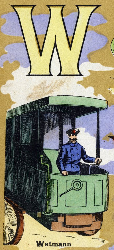 鉄道運転手のWatmannのようなWの文字。 イラスト入りのアルファベット。20世紀初頭にジャービル・ナンシーで再会したイメージャー。寸法：40 x 29 cm。ビストル地にリトグラフ 作： Unbekannt