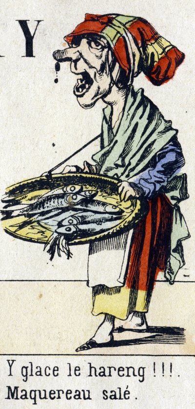手紙Y：「ニシンを氷漬けにしろ!!!Dirty mackerel」。アルファベット「子供の楽しみ」。1890年頃のエピナルのイメージング。人気シリーズ。8ページの小さなブックレット。小さな通りのメティエとパリの叫びをテーマにしたステンシル入りの木版画 作： Unbekannt