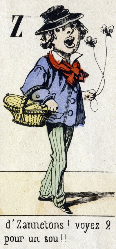 Letter Z: "by Zannetons!2を1円で見る!"アルファベット "の "子供の楽しみ"。エピナルのイメージング、1890年頃。人気シリーズ。8ページの小さなブックレット。小さな通りのメチエとパリの叫びをテーマにしたステンシルの木版画 作： Unbekannt