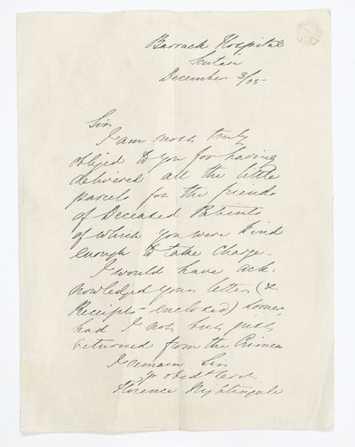 スクタリのバラック病院にいたフローレンス・ナイチンゲールが書いた手紙（紙にインク 作： Unbekannt