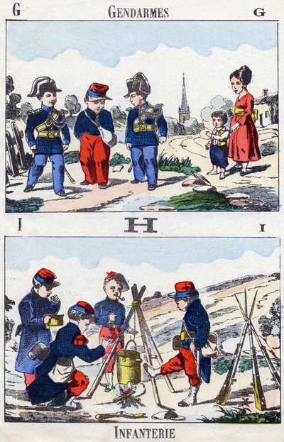 レターズ・G・H・Iジャンダルムと歩兵。Alphabet militaire enfantin "に掲載されている彫刻。1890年頃のポン・ア・ムソンのイメージ。20ページ。寸法：28.5x21cm 作： Unbekannt