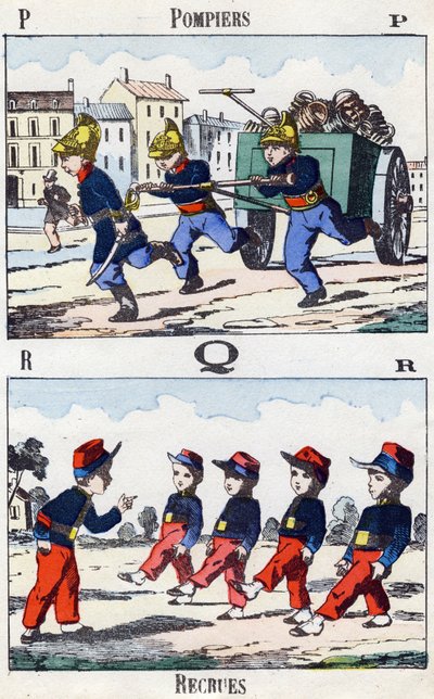 Letters P Q R: Firefighters and Recruits.Alphabet militaire enfantin "に掲載された彫刻。1890年頃のポン・ア・ムソンをイメージしています。20ページ。寸法：28.5x21cm 作： Unbekannt