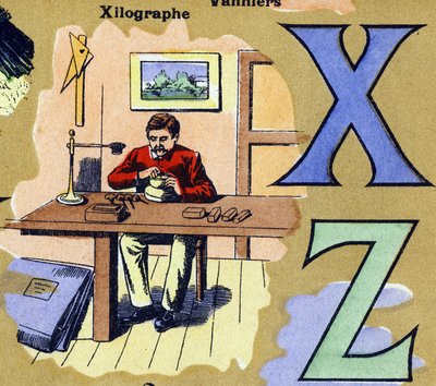XとZの文字をキシログラフにしたもの。木版画を作る彫刻家。イラスト化されたアルファベット。20世紀初頭にジャーヴィル＝ナンシーで再会したイメージャー。寸法：40 x 29 cm。ビスター背景のリトグラフ 作： Unbekannt