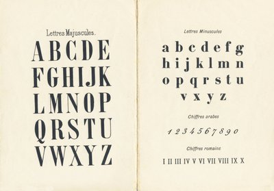 大文字、小文字、アラビア数字、ローマ数字 - 「ABCD des petites filles」から抜粋したエングレービング。Pellerin & Cie, imprimeur-editeur, Epinal, circa 1890.シリーズA。寸法 : 19 x 13,5 cm 作： Unbekannt