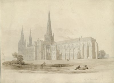 リッチフィールド大聖堂-サウスイーストビュー：描画と洗浄、ND [？19セント] 作： Unbekannt