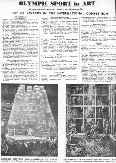 1948年ロンドンオリンピックにおける建築・美術・彫刻・文学・演劇・音楽の各賞受賞者一覧（リトグラフ版 作： Unbekannt