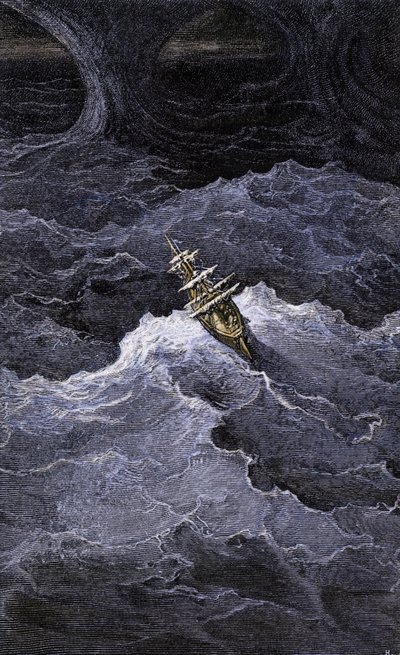 文学：海の真ん中のボート。サミュエル・テイラー・コールリッジ（1772-1834）の小説 "Rime of the Ancient Mariner "の挿絵。ギュスターヴ・ドーアの挿絵によるカラー・エングレーヴィング。 作： Unbekannter Künstler
