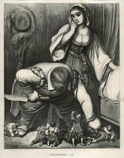 鬼に殺されないように懇願するプーケットとその兄弟たち シャルル・ペローの「物語」（1628～1703年）からギュスターヴ・ドーア（1832～1883年）が描いたもの。 作： Unbekannt