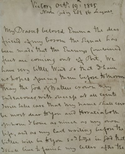ネルソン卿（1758-1805）がトラファルガー海戦前に「ヴィクトリー号」から書いたエマ・ハミルトンへの最後の手紙。 作： Unbekannt
