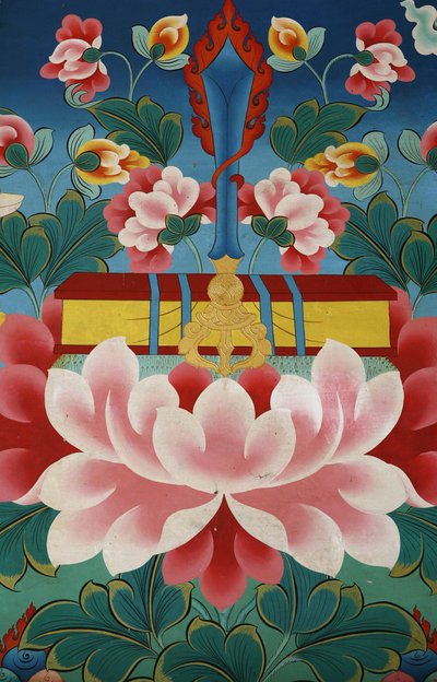 蓮の花、知識の剣、聖なるテキスト。ネパール、カトマンズ、コパン僧院 作： Unbekannt
