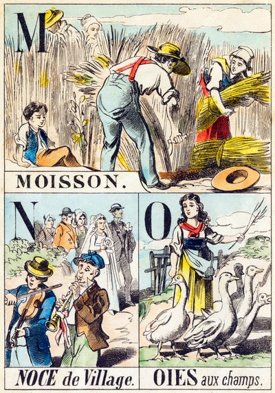 M N O : Moisson, Noce de village, Oies aux champs - "Alphabet of the farm" 19世紀末 (carving) 作： Unbekannt